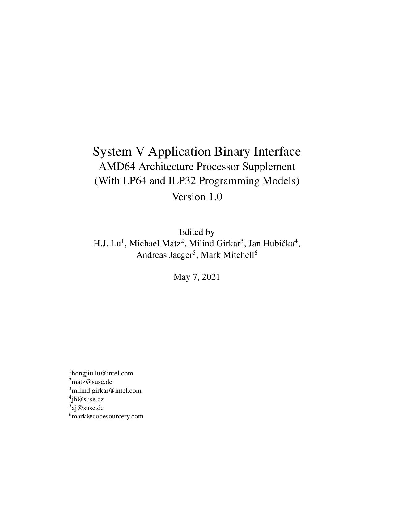 System V Application Binary Interface AMD64 Architecture Processor Supplement Version 1.0